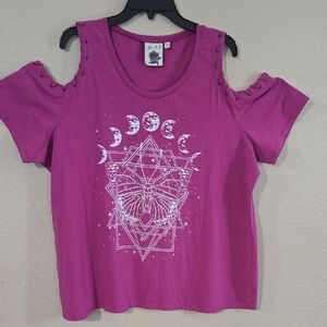 Women's Magenta Cold Shoulder Tee with Celestial Design